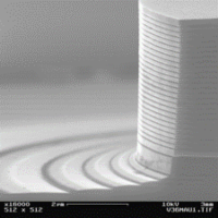 Etched VCSEL mesa. Multilayer is stack forming a DBR cavity.
